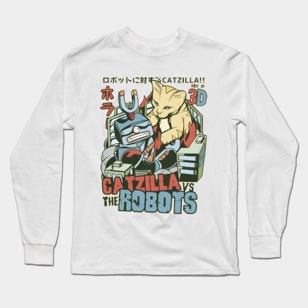 Catzilla Vs Robots Long Sleeve T-Shirt by EdStark